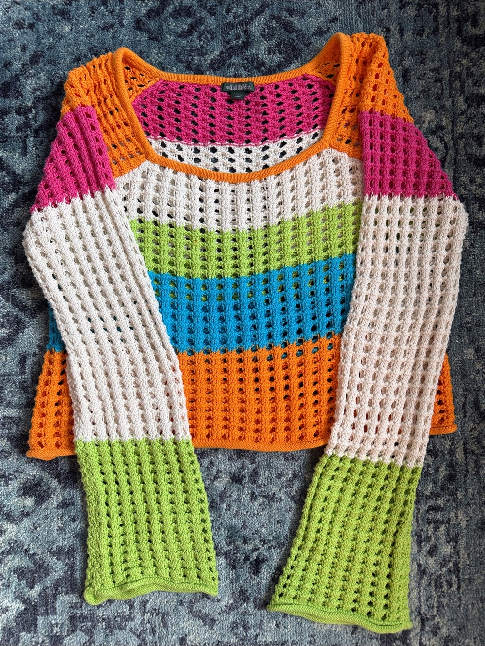 wild fable Orange, Pink, Blue, Lime & Cream Crochet Scoop Sweater
